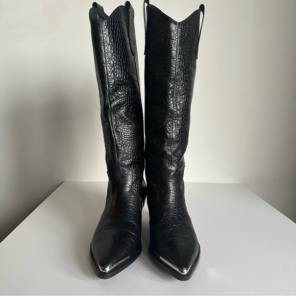 Black Leather Croc-Embossed Knee-High Boots Metal Toe Cap EU 39/ US 8.5-9 - Picture 15 of 16